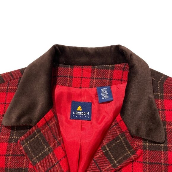 Liz Sport Red Black Plaid 5-Button Wool Blazer Sz 14P Brown Contrast Jacket EUC - Picture 9 of 13